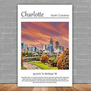 Charlotte Canvas, North Carolina  Print,  Charlotte wall art, Charlotte travel art print,  Charlotte cityscape, Charlotte poster art