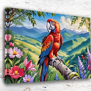 Colorful Canvas Print - Parrot Watercolor Art, Lovely Bird & Flowers Wall Decor, Nature Themed Home Art