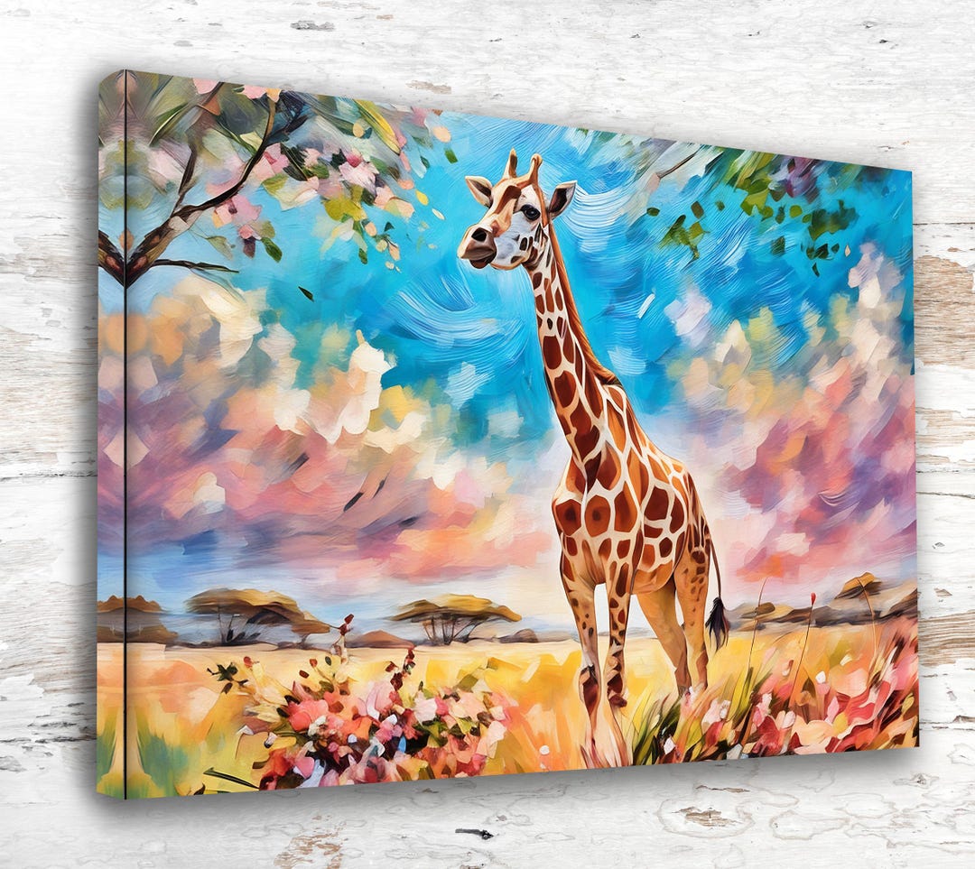 Giraffe Oil Painting Canvas Print Safari Animal Watercolor Print Canvas