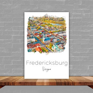 Fredericksburg Skyline Art,  Fredericksburg Print Watercolors, Fredericksburg Virginia Decor , Fredericksburg canvas wall art