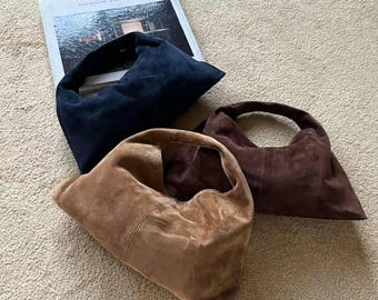 Suede Tote Bag, Minimal Design Suede Handbags, Small Leather Tote Bag