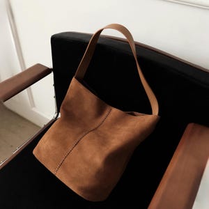 Suede Tote Bag, Minimal Design Suede Shoulder Bags, Suede Bucket Bag
