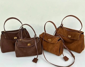 Suede Tote Bag, Soft Suede Leather Shoulder Bags, Slouchy Style Handbags