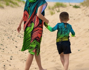 Poncho da spiaggia da donna con cappuccio e tasca/asciugamano fasciatoio per costume da bagno per il surf o il tempo libero