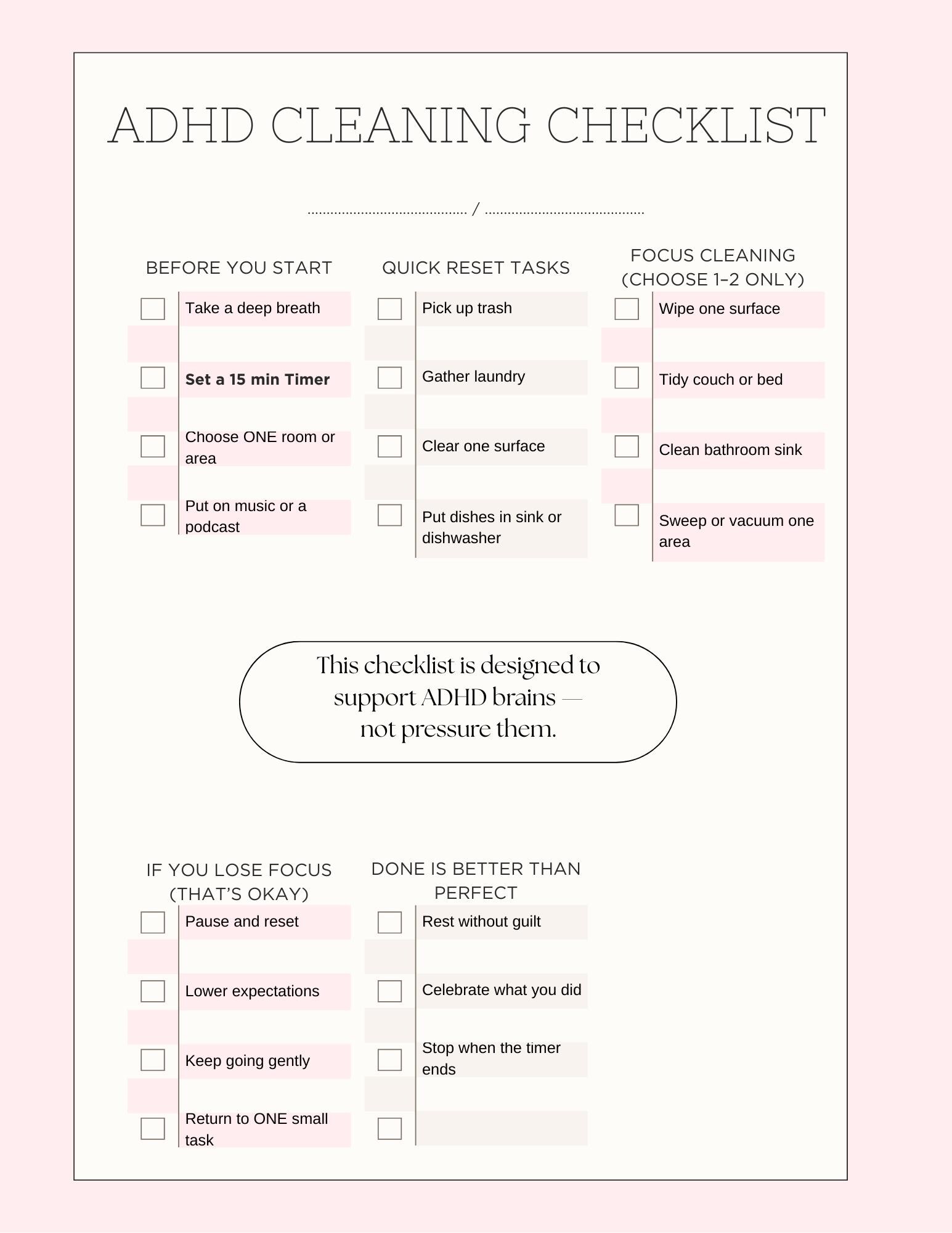 ADHD Cleaning Checklist for Adults | Printable Cleaning Routine
