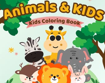 May include: A children's coloring book titled "Safari Animals & KIDS." The cover features cartoon illustrations of a zebra, giraffe, elephant, lion, deer, and rabbit. Text includes "Ages 6-8" and "Fun, Calm & Creative Pages."
