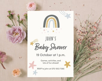 Invitación de Baby Shower digital personalizada arcoíris