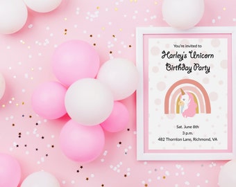 Unicorn personalized digital birthday invitation