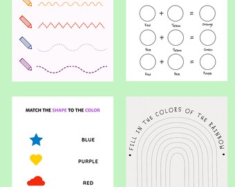 Set van 4 verschillende Learn your colour bladen. Lset kleuren maken. Digitaal downloaden