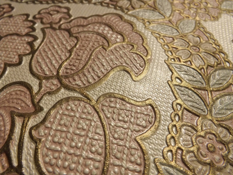 Embossed Gilded Heavy Wallpaper Pink Blue Gold Flowers and Etsy