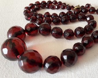 Vintage Antique Faceted Hand Knotted Red Cherry Bakelite Necklace - 25 inches