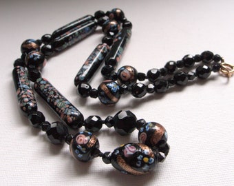 Vintage Antique Venetian Murano Classic Black Fancy Flower with Aventurine Lampwork Bead Necklace - 28 Inches