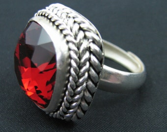 Stunning Handmade 98% Pure Silver with Vintage Swarovski Siam Crystal Ring