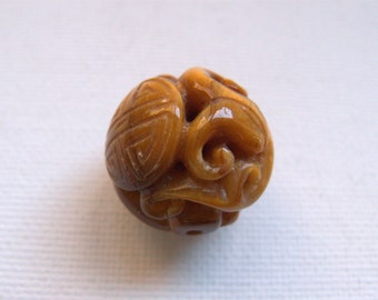 Vintage Carved Chinese Wood Wooden Bead Bats with Coins Round Detailed 20mm 