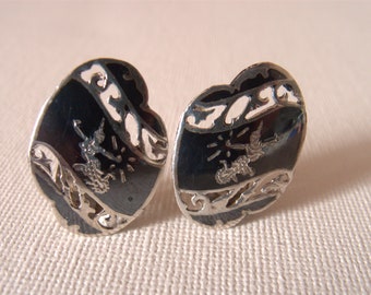 Vintage Siam Sterling Silver Niello Clip On Earrings