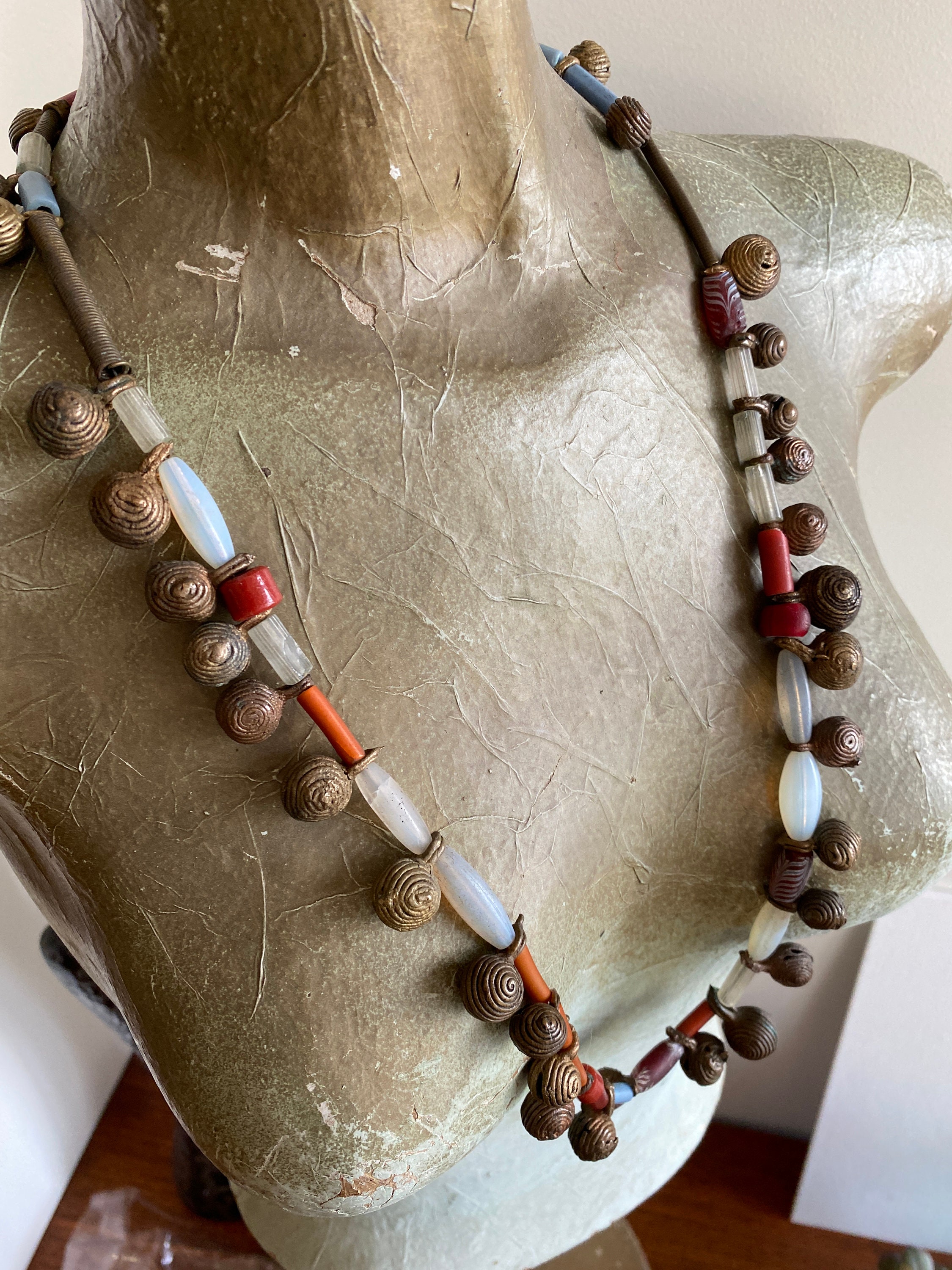 Vintage★African Brass bead long necklace Vintage Antique Venetian West African Trade Beads Necklace - 38