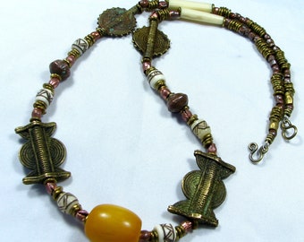 Vintage African Bakelite (Tested) Brass, Copper and Glass Necklace