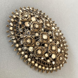 Antique Czech Brass Filigree and Glass Crystal Rhinestones Brooch with Trombone Clasp