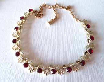 Vintage Coro Ruby Red Crystals with Gold Tone Fleur de Lis Setting Necklace - 17 inches