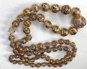 Vintage Antique Venetian Murano Rare Clear Handmade Wedding Cake Hand Knotted Lampwork Beads Necklace - 33 Inches