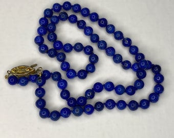 Vintage Hand Knotted Natural Lapis Lazuli Beaded Necklace - 6mm Beads - 21 Inches (53cm) Long - With Gold Wash over Silver Clasp