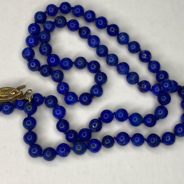 Vintage Hand Knotted Natural Lapis Lazuli Beaded Necklace - 6mm Beads - 21 Inches (53cm) Long - With Gold Wash over Silver Clasp