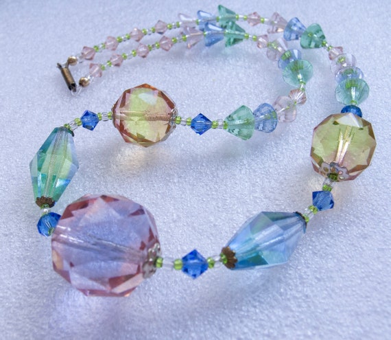 Necklace Bohemian Bi Colour 2 Tone Purple and Violet Czech Glass with Amber Faceted Crystal Vintage Beads 2 Strand Chains