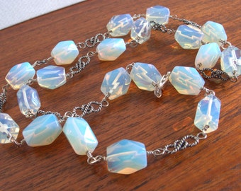 Vintage Chunky Faceted Opalite Nugget Beads and Sterling Silver Necklace - 33.5 Inches