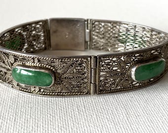 Antique Chinese Sterling Silver and Jade Filigree Bracelet