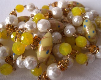 Vintage Very Long Lampwork, Faux Pearl, Rhinestone and Crystal Necklace - 60 Inches