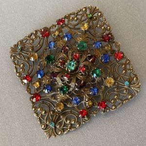 Antique Czech Brass Filigree and Glass Gems Art Deco Brooch