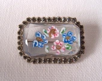 Antique Czechoslovakian Hand Painted Hand Faceted Lampworked Flowers Glass Brooch with Rhinestone Mount - 38mmx26mm