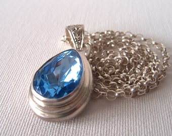 Vintage 1950s Ice Blue Glass Pear Stone Bezel Set in 98% Pure Silver with Sterling Silver Italian Cable Chain