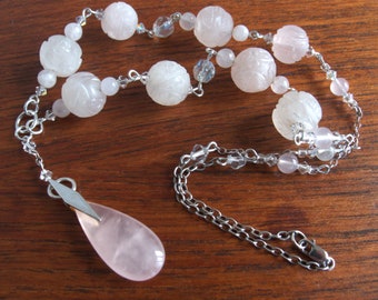 Vintage Rose Quartz Gemstone Shou Beads with Sterling Silver Necklace