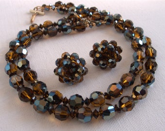 Stunning Vintage Very Rare Swarovski "Mink" Crystal 2 Strand Necklace and Earrings