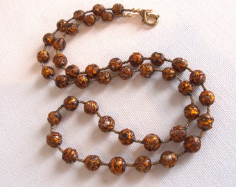 Vintage Antique Bohemian 1920s Lava Fire Foil and Cut Steels Handmade Glass Bead Necklace - Re-strung - 23.5 inches