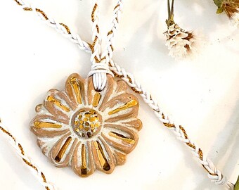 Stoneware Daisy Pendant with Real Gold Luster and Braided Cord