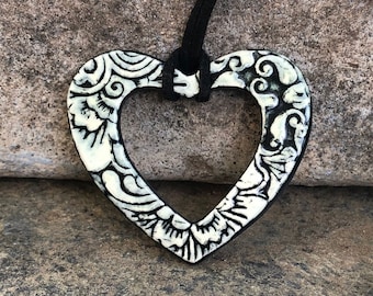 Open Heart Ceramic Statement Necklace in Celadon and Black