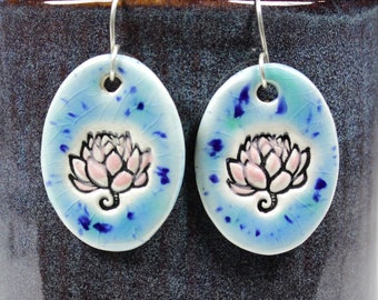 Pink Lotus Flowers Ceramic Earrings in Blue Crackle