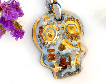 Stoneware Skull Pendant with Real Gold and Braided Cord