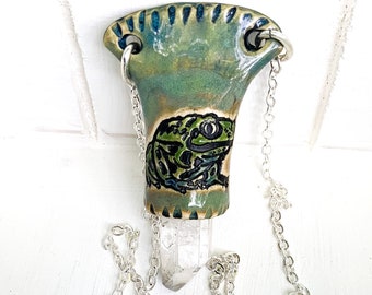 Humor and Joy Frog Quartz Crystal and Stoneware Necklace