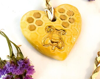 Stoneware Honey Bee Heart Pendant with Real Gold Luster and Braided Cord