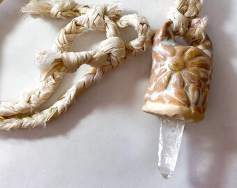 Quartz Crystal and Stoneware Necklace with Recycled Silk