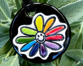 Happy Rainbow Daisy Ceramic Necklace