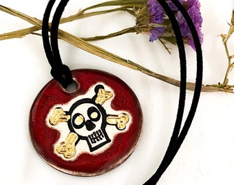 22k Gold Detailed Skull with Crossbones Ceramic Pendant Necklace