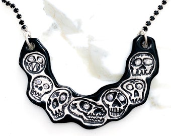 Skull Sparkle Surly Ceramic Necklace With Black Rhinestone Chain