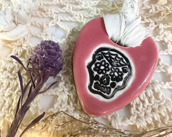 Adjustable Pink Skull Heart with Upcycled Braided Silk Choker or Long