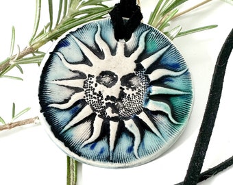 Ocean Sun Handmade Ceramic Necklace in Blue