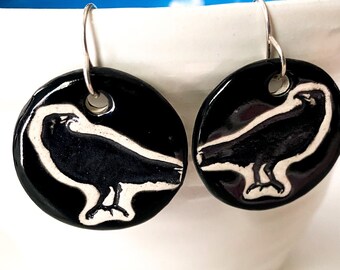 Black Bird Ceramic Earrings with Sterling Silver Posts