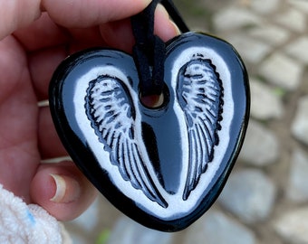 Heart with Wings Ceramic Necklace in Black
